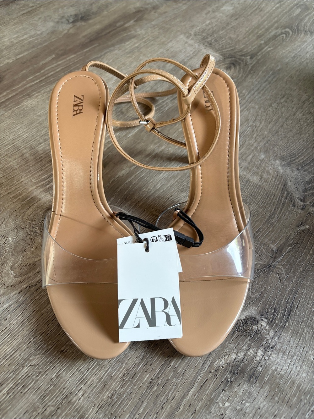 ZARA Tan Ankle-Tie Heels with Clear Toe Strap